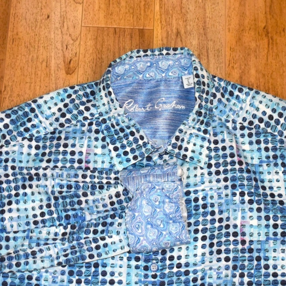 Robert Graham Button Down Shirt Mens Large Blue Excellent Classic Fit Polka Dot